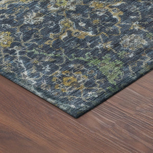 HomeRoots 10' Navy Blue and Gray Damask Area Rug - Washable Indoor/Outdoor Elegance for High-Traffic Spaces 688788