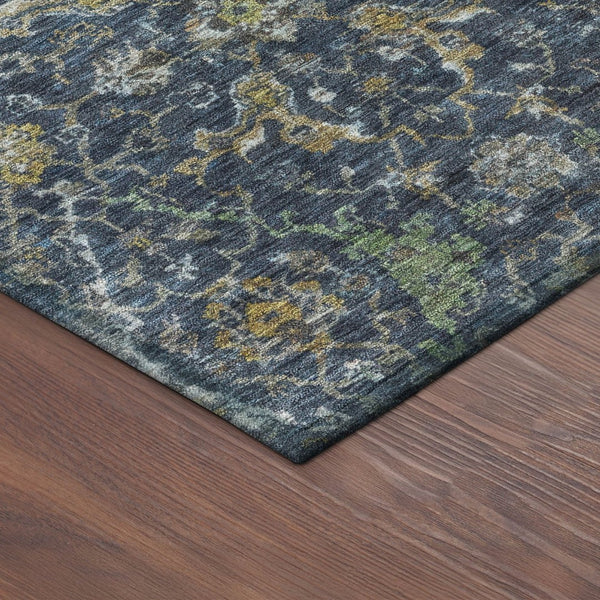 HomeRoots 10' Navy Blue and Gray Damask Area Rug - Washable Indoor/Outdoor Elegance for High-Traffic Spaces 688788
