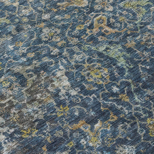 HomeRoots 10' Navy Blue and Gray Damask Area Rug - Washable Indoor/Outdoor Elegance for High-Traffic Spaces 688788