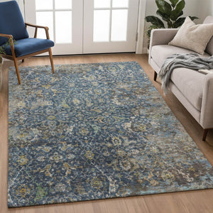 HomeRoots 10' Navy Blue and Gray Damask Area Rug - Washable Indoor/Outdoor Elegance for High-Traffic Spaces 688788