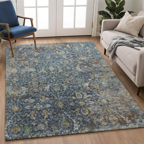 HomeRoots 10' Navy Blue and Gray Damask Area Rug - Washable Indoor/Outdoor Elegance for High-Traffic Spaces 688788