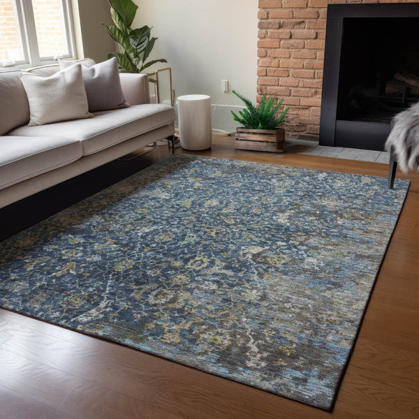 HomeRoots 10' Navy Blue and Gray Damask Area Rug - Washable Indoor/Outdoor Elegance for High-Traffic Spaces 688788