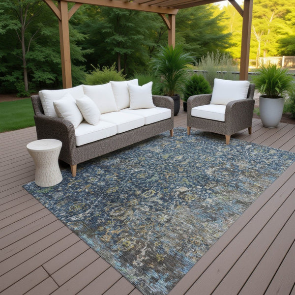 HomeRoots 10' Navy Blue and Gray Damask Area Rug - Washable Indoor/Outdoor Elegance for High-Traffic Spaces 688788