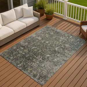 HomeRoots 5' X 8' Elegant Pewter and Gray Damask Area Rug - Washable, Durable for Indoor & Outdoor Living Spaces 688790