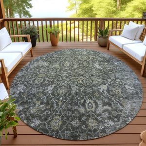 HomeRoots 8' Round Damask Area Rug in Pewter and Gray - Elegant, Washable, Indoor/Outdoor Durability for All Spaces 688791