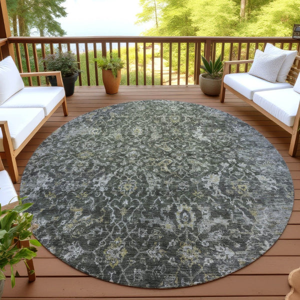 HomeRoots 8' Round Damask Area Rug in Pewter and Gray - Elegant, Washable, Indoor/Outdoor Durability for All Spaces 688791