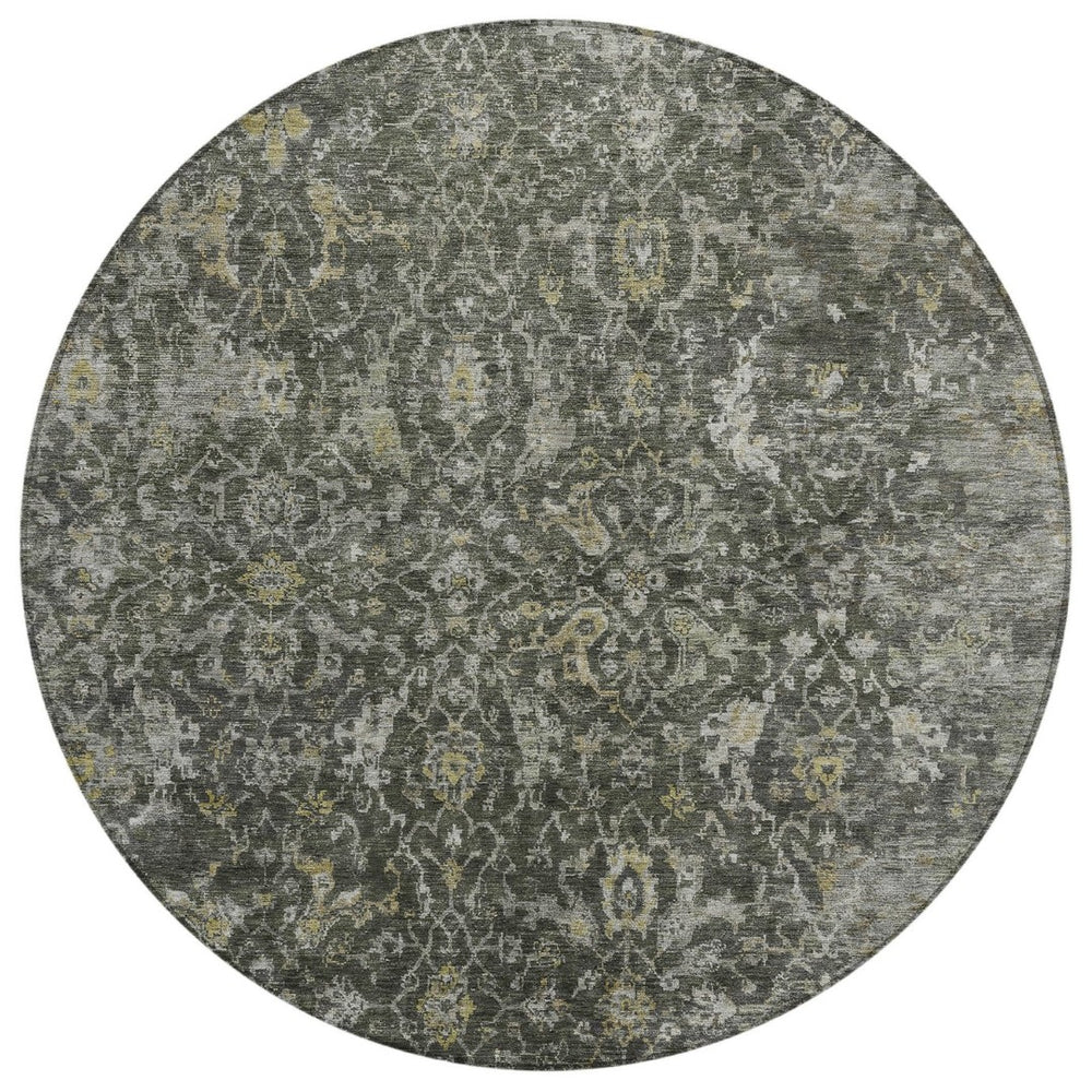 HomeRoots 8' Round Damask Area Rug in Pewter and Gray - Elegant, Washable, Indoor/Outdoor Durability for All Spaces 688791