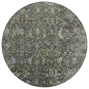 HomeRoots 8' Round Damask Area Rug in Pewter and Gray - Elegant, Washable, Indoor/Outdoor Durability for All Spaces 688791