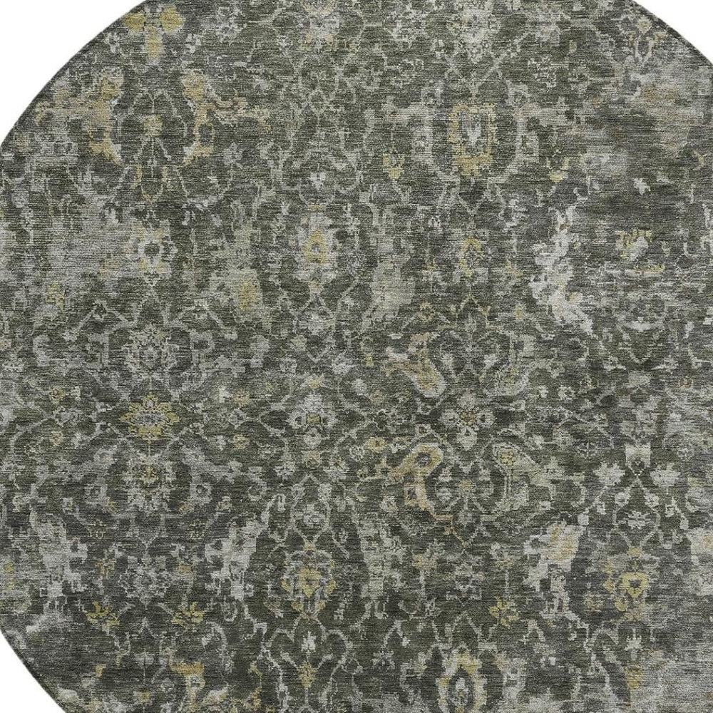HomeRoots 8' Round Damask Area Rug in Pewter and Gray - Elegant, Washable, Indoor/Outdoor Durability for All Spaces 688791