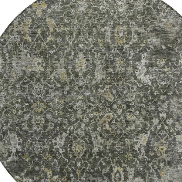 HomeRoots 8' Round Damask Area Rug in Pewter and Gray - Elegant, Washable, Indoor/Outdoor Durability for All Spaces 688791