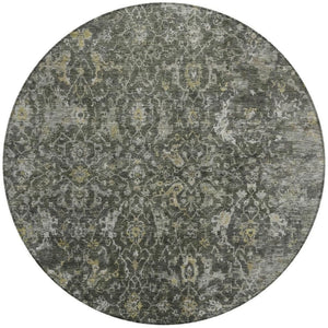 HomeRoots 8' Round Damask Area Rug in Pewter and Gray - Elegant, Washable, Indoor/Outdoor Durability for All Spaces 688791