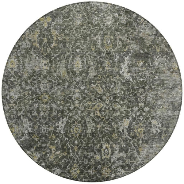 HomeRoots 8' Round Damask Area Rug in Pewter and Gray - Elegant, Washable, Indoor/Outdoor Durability for All Spaces 688791