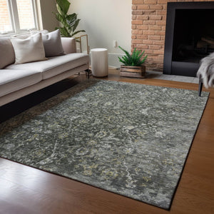 HomeRoots 10' Pewter & Gray Damask Area Rug - Washable, Stain Resistant, Indoor/Outdoor Versatile Design! 688794