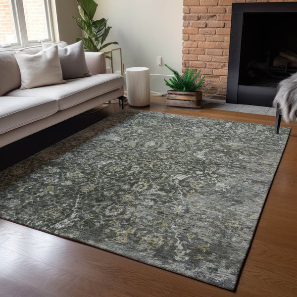HomeRoots 10' Pewter & Gray Damask Area Rug - Washable, Stain Resistant, Indoor/Outdoor Versatile Design! 688794