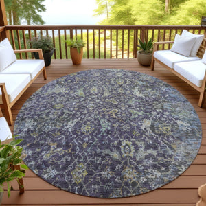 HomeRoots 8' Elegant Plum and Gray Round Damask Area Rug – Durable, Washable, Perfect for Indoor/Outdoor Spaces 688797