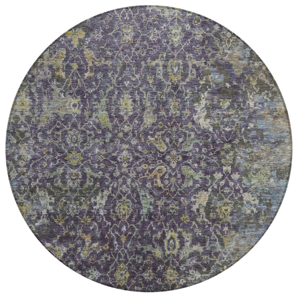 HomeRoots 8' Elegant Plum and Gray Round Damask Area Rug – Durable, Washable, Perfect for Indoor/Outdoor Spaces 688797
