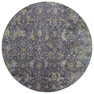 HomeRoots 8' Elegant Plum and Gray Round Damask Area Rug – Durable, Washable, Perfect for Indoor/Outdoor Spaces 688797