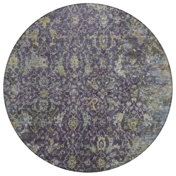 HomeRoots 8' Elegant Plum and Gray Round Damask Area Rug – Durable, Washable, Perfect for Indoor/Outdoor Spaces 688797