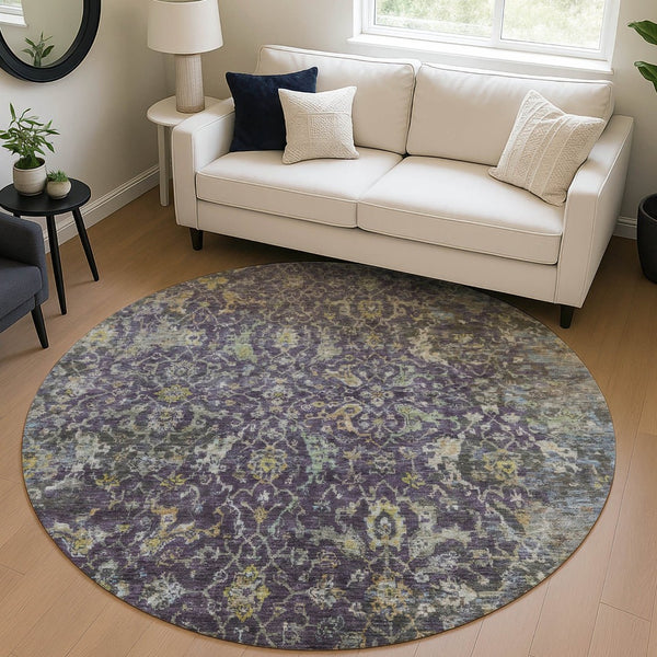 HomeRoots 8' Elegant Plum and Gray Round Damask Area Rug – Durable, Washable, Perfect for Indoor/Outdoor Spaces 688797