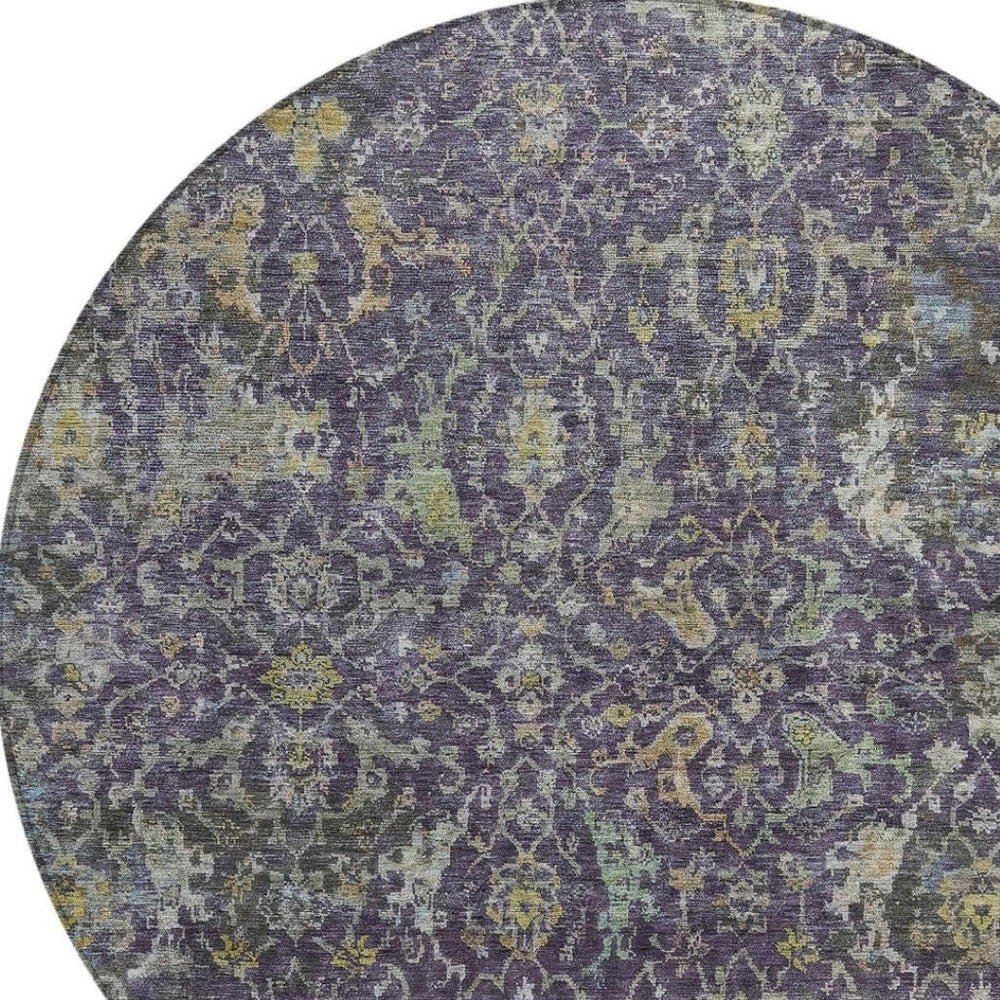 HomeRoots 8' Elegant Plum and Gray Round Damask Area Rug – Durable, Washable, Perfect for Indoor/Outdoor Spaces 688797