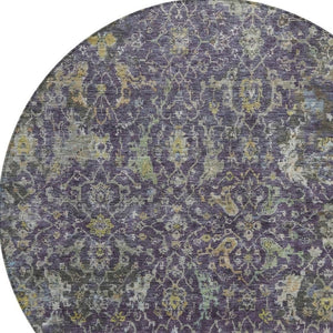 HomeRoots 8' Elegant Plum and Gray Round Damask Area Rug – Durable, Washable, Perfect for Indoor/Outdoor Spaces 688797