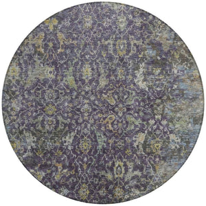HomeRoots 8' Elegant Plum and Gray Round Damask Area Rug – Durable, Washable, Perfect for Indoor/Outdoor Spaces 688797