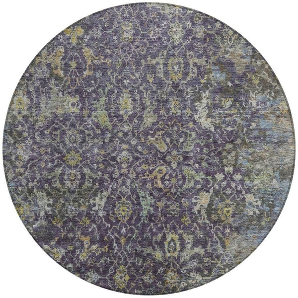 HomeRoots 8' Elegant Plum and Gray Round Damask Area Rug – Durable, Washable, Perfect for Indoor/Outdoor Spaces 688797