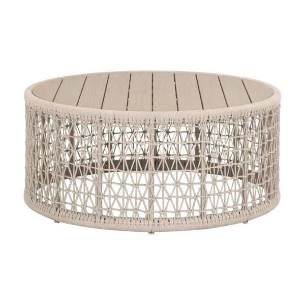 Essentials for Living Knit Outdoor Round Teak Top Coffee Table with Hand-woven Rope Base for Patio 6888.OAT/W-ET