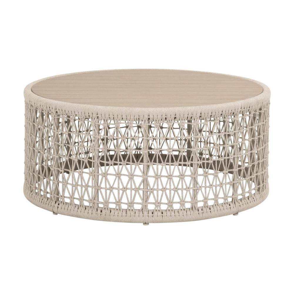 Essentials for Living Knit Outdoor Round Teak Top Coffee Table with Hand-woven Rope Base for Patio 6888.OAT/W-ET