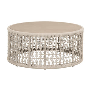 Essentials for Living Knit Outdoor Round Teak Top Coffee Table with Hand-woven Rope Base for Patio 6888.OAT/W-ET