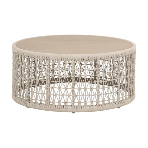 Essentials for Living Knit Outdoor Round Teak Top Coffee Table with Hand-woven Rope Base for Patio 6888.OAT/W-ET