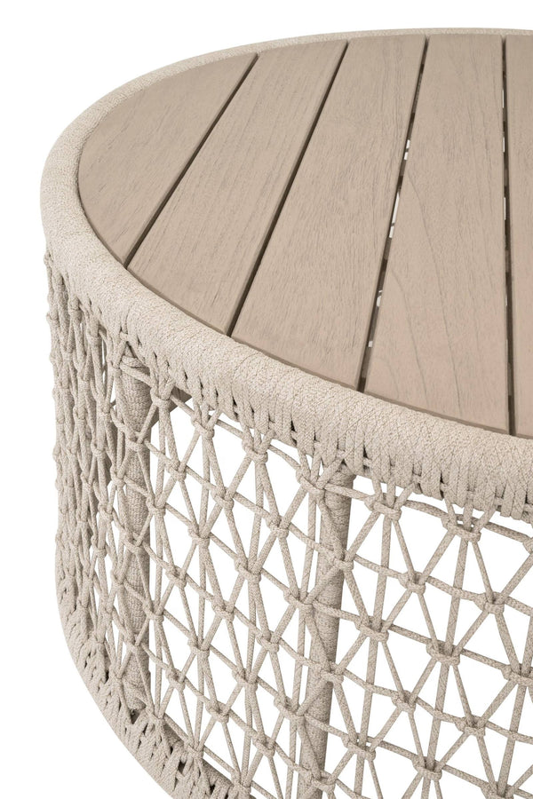 Essentials for Living Knit Outdoor Round Teak Top Coffee Table with Hand-woven Rope Base for Patio 6888.OAT/W-ET