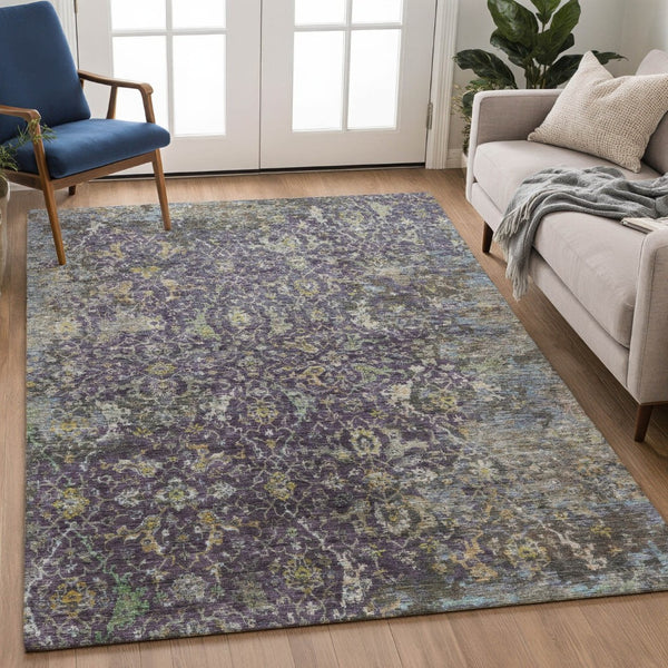 HomeRoots 10' Elegant Plum and Gray Damask Area Rug - Washable, Durable for Indoor & Outdoor Spaces, 10x14 688800
