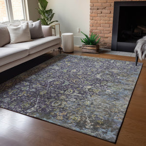 HomeRoots 10' Elegant Plum and Gray Damask Area Rug - Washable, Durable for Indoor & Outdoor Spaces, 10x14 688800