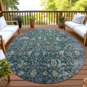HomeRoots 8' Teal Blue & Gray Damask Round Area Rug – Durable, Washable, Ideal for Indoor & Outdoor Spaces! 688803