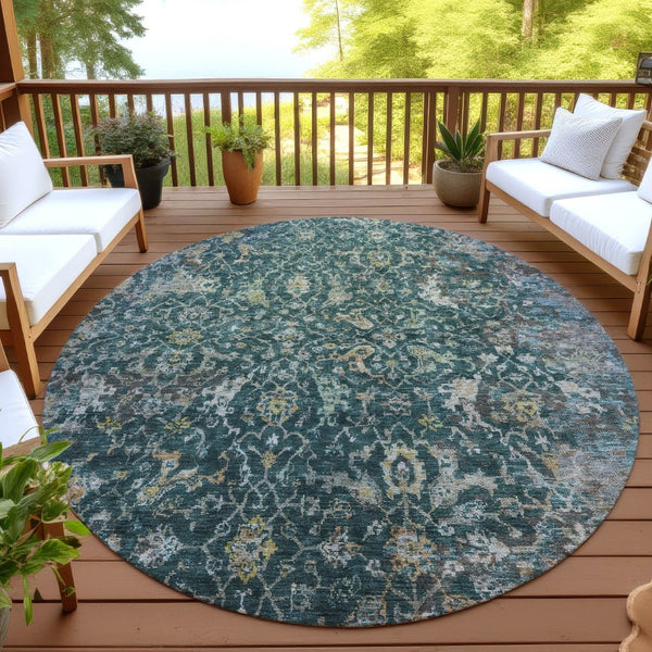 HomeRoots 8' Teal Blue & Gray Damask Round Area Rug – Durable, Washable, Ideal for Indoor & Outdoor Spaces! 688803