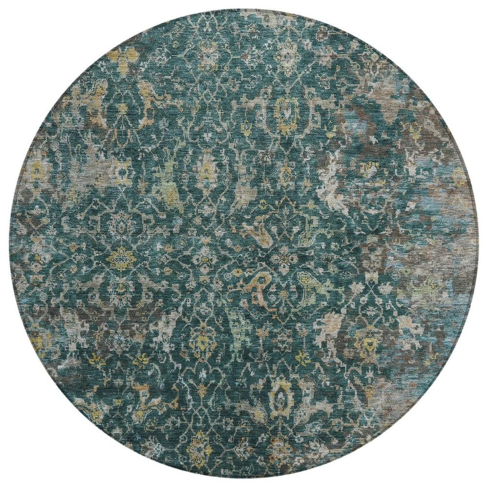 HomeRoots 8' Teal Blue & Gray Damask Round Area Rug – Durable, Washable, Ideal for Indoor & Outdoor Spaces! 688803