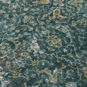 HomeRoots 8' Teal Blue & Gray Damask Round Area Rug – Durable, Washable, Ideal for Indoor & Outdoor Spaces! 688803
