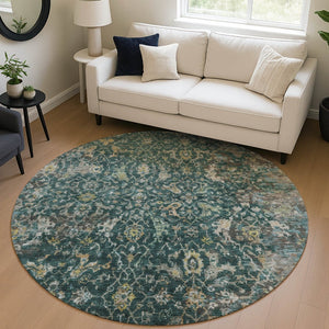 HomeRoots 8' Teal Blue & Gray Damask Round Area Rug – Durable, Washable, Ideal for Indoor & Outdoor Spaces! 688803