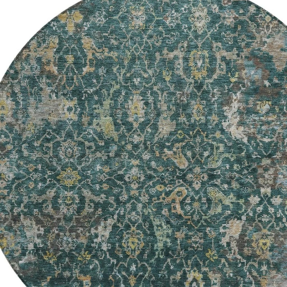 HomeRoots 8' Teal Blue & Gray Damask Round Area Rug – Durable, Washable, Ideal for Indoor & Outdoor Spaces! 688803