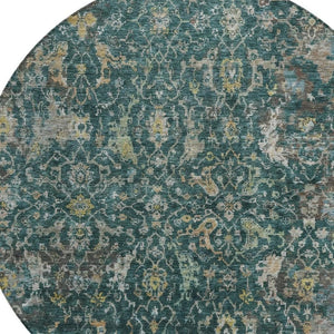 HomeRoots 8' Teal Blue & Gray Damask Round Area Rug – Durable, Washable, Ideal for Indoor & Outdoor Spaces! 688803