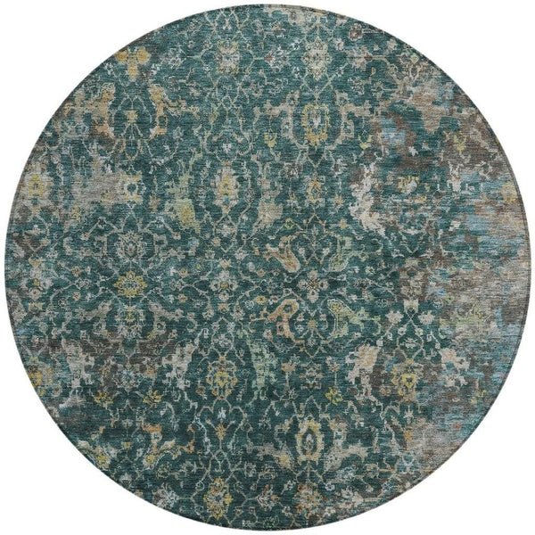 HomeRoots 8' Teal Blue & Gray Damask Round Area Rug – Durable, Washable, Ideal for Indoor & Outdoor Spaces! 688803