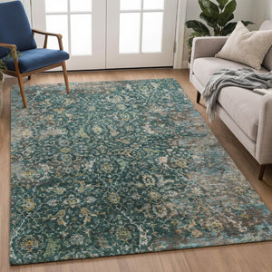 HomeRoots 8' X 10' Teal Blue and Gray Damask Area Rug - Stylish, Washable, Indoor/Outdoor, Stain-Resistant Design 688804