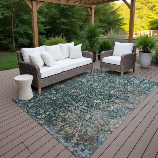 HomeRoots 8' X 10' Teal Blue and Gray Damask Area Rug - Stylish, Washable, Indoor/Outdoor, Stain-Resistant Design 688804