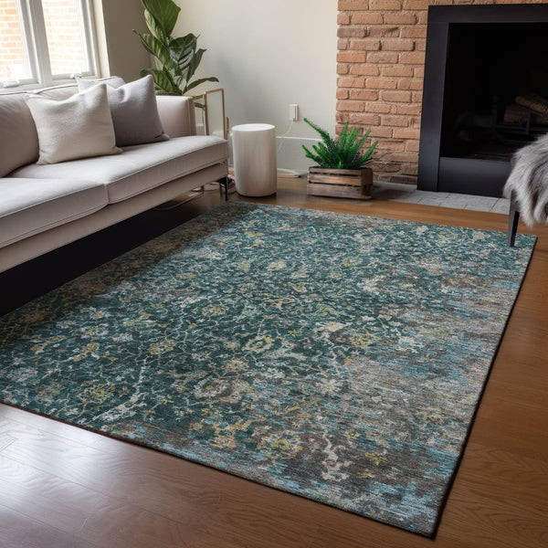 HomeRoots 9' X 12' Teal Blue and Gray Damask Rug - Elegant, Washable, Durable for Indoor & Outdoor Spaces! 688805