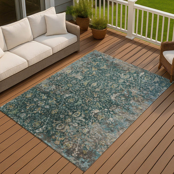 HomeRoots 10' Teal Blue & Gray Damask Area Rug – Stylish, Washable, Indoor-Outdoor, Durable for High Traffic Spaces 688806
