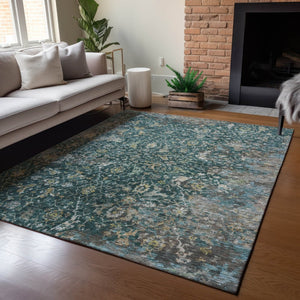 HomeRoots 10' Teal Blue & Gray Damask Area Rug – Stylish, Washable, Indoor-Outdoor, Durable for High Traffic Spaces 688806