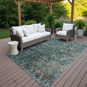 HomeRoots 10' Teal Blue & Gray Damask Area Rug – Stylish, Washable, Indoor-Outdoor, Durable for High Traffic Spaces 688806