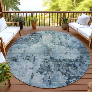 HomeRoots 8' Blue And Gray Round Abstract Rug - Stylish, Washable Indoor/Outdoor Area Rug for High Traffic Spaces 688815