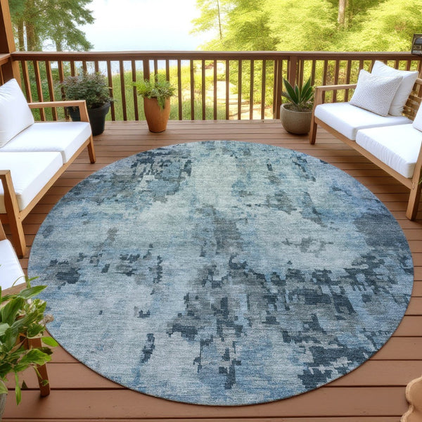 HomeRoots 8' Blue And Gray Round Abstract Rug - Stylish, Washable Indoor/Outdoor Area Rug for High Traffic Spaces 688815